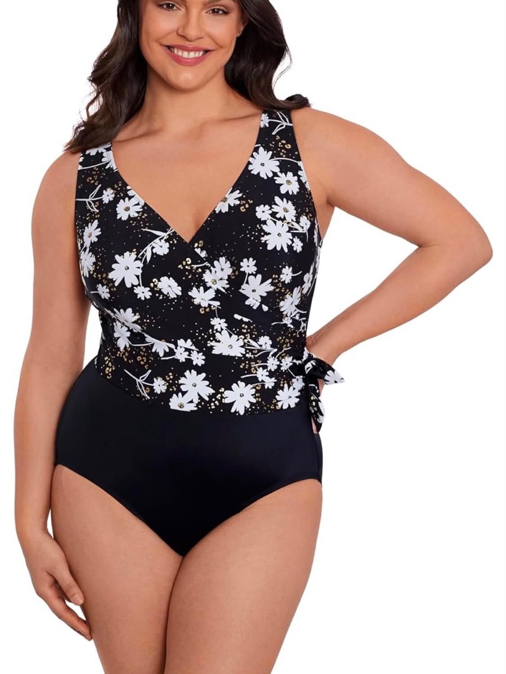 Floral Wrap-Front Black One-Piece Swimsuit